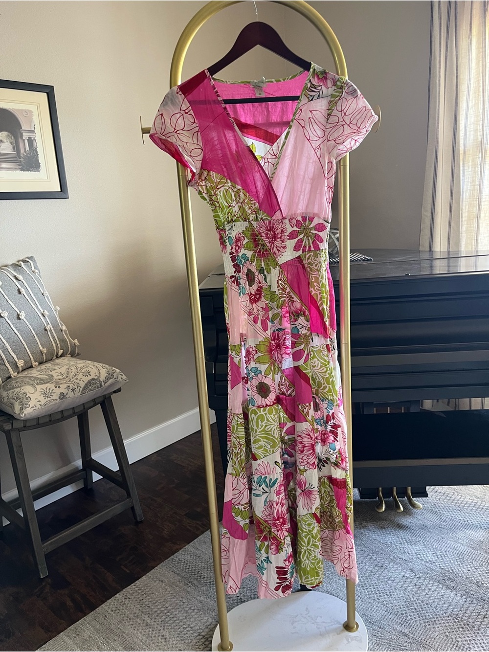 DownEast Pink & Green Floral Maxi with smocked waistband Dress